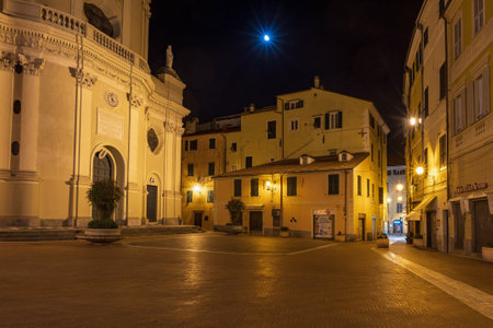 Imperia, Italy - February 15, 2020: Night scene in the old town of Imperia, seaside city on the Italian Rivieraのeditorial素材