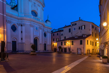 Imperia, Italy - March 15, 2020: Night scene in the old town of Imperia, seaside city on the Italian Rivieraのeditorial素材