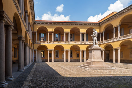 Pavia, Italy - May 9, 2018: Courtyard of Headquarters of the University of Pavia, an Italian state university founded in 1361. It is among the oldest in the worldのeditorial素材