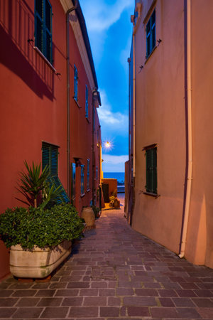 Night scene in Varigotti seaside village and tourist destination in Liguria region, Italy