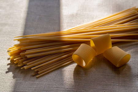 High angle view of dry pasta on tableの写真素材