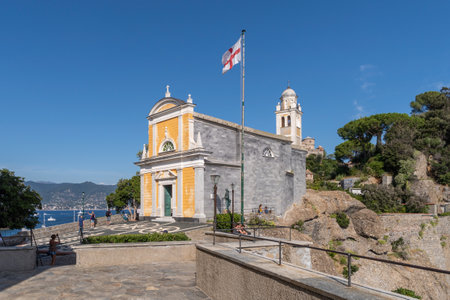 Portofino, Italy - September 15, 2019: San Giorgio (St. George) church with colorful facade in Portofino, Italian Riviera, Liguria region, Italyのeditorial素材