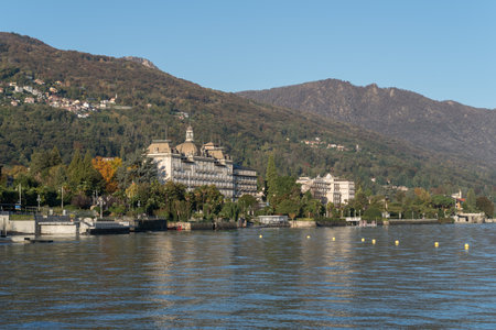 Stresa, Italy - Ottobre 27, 2019: Grand Hotel des Iles Borromees in Stresa, famous tourist destination on Lake Maggiore in Northern Italy. It is located direct on the lakefront promenadeのeditorial素材