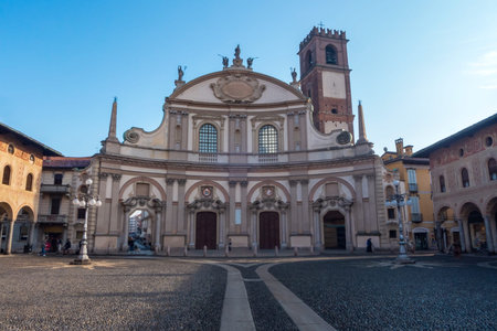 Vigevano, Italy - January 17, 2020: Ducale aquare, with the Cathedral facade in Vigevano old town
