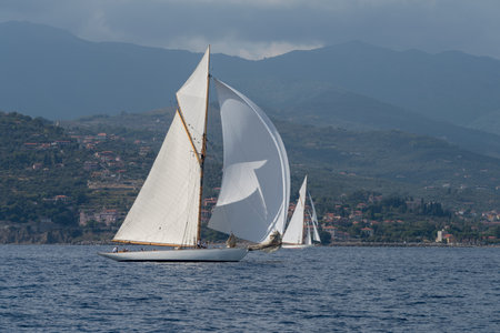 Imperia, Italy - September 7, 2018: Sailboat during racing at the Paneray Classic Yachts Challenge, regatta on the Imperiaのeditorial素材