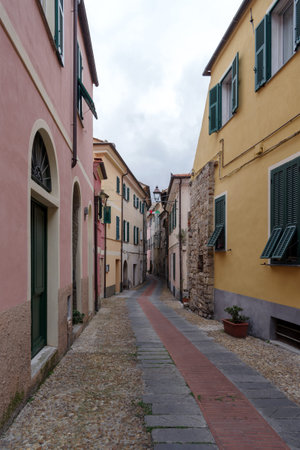 Typical Italian narrow street, Diano Castello ancient village, Province of Imperia, Italy