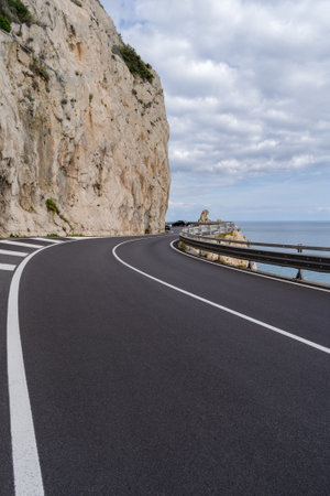 The stunning high altitude cliffside road along the coastline of Liguria, Italyの写真素材