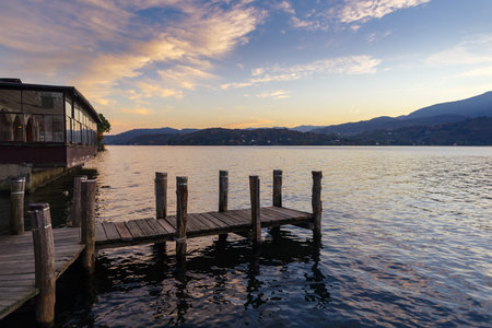 Wooden pier on lake Orta, Piedmont, Italyの写真素材