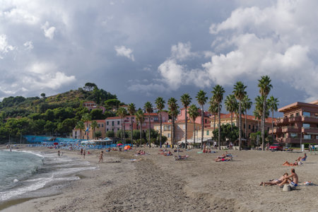 San Lorenzo al mare, Italy - September 21, 2020: People relaxing on the beach in San Lorenzo al Mare - the town of tourist destination in Italian Rivieraのeditorial素材
