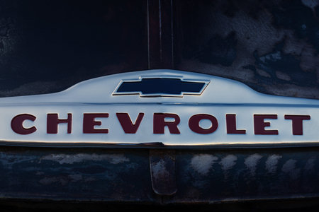 Imperia, Italy - September 9, 2020: Closeup of Chevrolet Thriftmaster pick-up truck car logo on a...