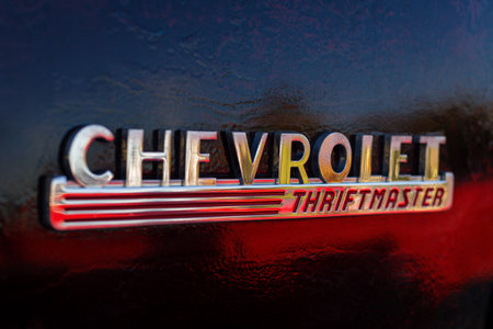 Imperia, Italy - September 9, 2020: Closeup of Chevrolet Thriftmaster pick-up truck car logo on a black vintage car shot at an rally in Imperia, Liguria, Italyのeditorial素材