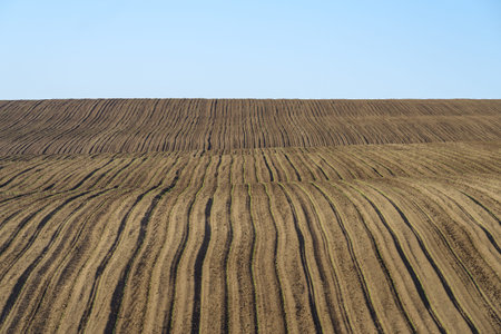 Field plowed in spring. Podilski Tovtry nature reserve in Podolia region, South-Western Ukraine