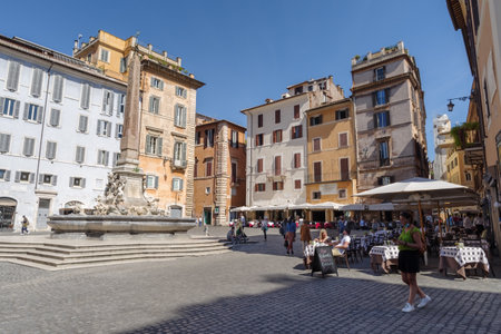 Rome, Italy - June 12, 2021: View of Pantheon square also known as Piazza della Rotonda with the Fountain and obeliskのeditorial素材