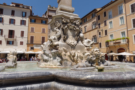 Rome, Italy - June 12, 2021: Pantheon fountain, commissioned by Pope Gregory XIII and located in the Piazza della Rotonda, in front of the Roman Pantheonのeditorial素材