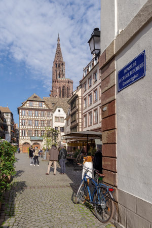 Strasbourg, France - October 25, 2021: View along the pedestrian street of the historic center of Strasbourg, surrounded by numerous palaces and important buildingsのeditorial素材