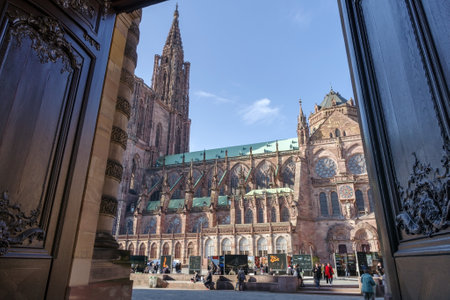 Strasbourg, France - October 25, 2021: Side view on Strasbourg Cathedral, UNESCO world heritage site, Alsace, France, Europeのeditorial素材