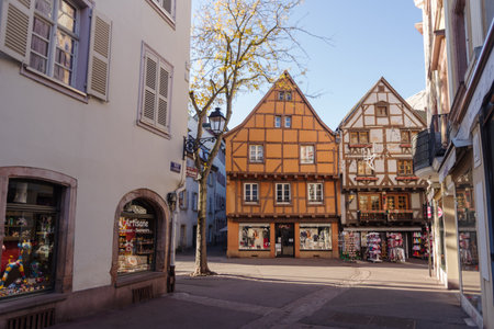 Colmar, France - October 24, 2021: View along pedestrian street in the historic center of Colmar, surrounded well-preserved half-timbered buildingsのeditorial素材