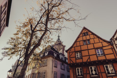 Colmar, France - October 24, 2021: Traditional half timbered facade and colorful beautiful architecture in Colmar old town, Alsace region, Franceのeditorial素材