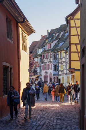 Colmar, France - October 24, 2021: Traditional Alsatian half-timbered houses along the Lauch River in Little Venice tourist district of Colmar, Haut-Rhin department, Grand Est region of Franceのeditorial素材