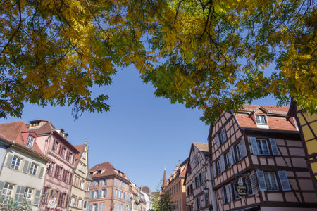 Colmar, France - October 24, 2021: Facades of traditional Alsatian half-timbered houses in Little Venice tourist district of Colmar old town, Haut-Rhin department, Grand Est region of northeastern Franceのeditorial素材