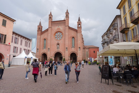 Alba, Italy - May 8, 2022: Street view in Alba old town, is a small ancient city in Piedmont region of Italyのeditorial素材