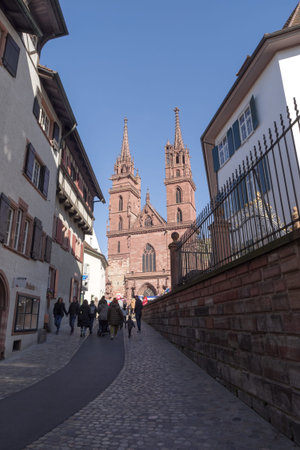Basel, Switzerland - October 23, 2021: View along street in the center of old town Basel, surrounded...