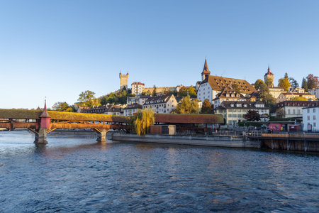Lucerne, Switzerland, View of historical buildings along riverside