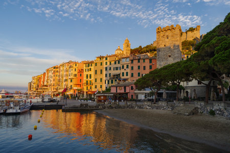 Portovenere, Italy - July 5, 2021: The old town and harbor of Porto Venere in morning. UNESCO world heritage site, Liguria region, Italyのeditorial素材