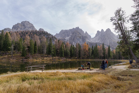 Misurina, Italy - October 31, 2022: Antorno lake and Cadini di Misurina mountains range, Belluno Province, Veneto region, Dolomites Alps, Italyのeditorial素材