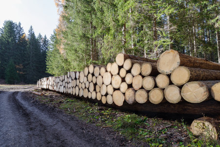 Stack of freshly cut pine trees awaiting transport