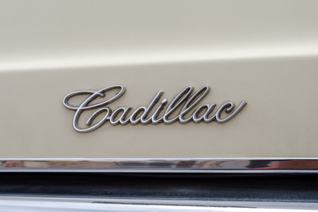 Diano Marina, Imperia, Italy - May 21, 2023: Closeup of Cadillac car logo on a vintage carのeditorial素材
