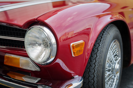 Diano Marina, Imperia, Italy - May 21, 2023: Close up detail of a Triumph Classic car parked in a street during raid of vintage carsのeditorial素材