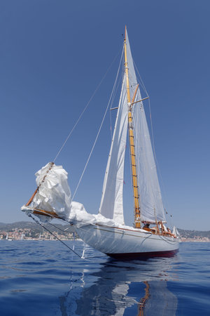 Imperia, Italy - September 10, 2023: Sail yacht the old style, during regatta in Gulf of Imperia....