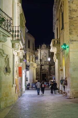 Lecce, Italy - October 30, 2023: Night view the street in the city center of Lecce, Apulia, Italyのeditorial素材