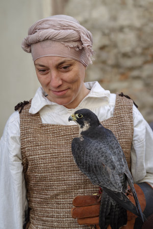 Taggia, Italy - February 25, 2024: Falconry display at the medieval festival with various birds of prey in the historic city of Taggia in Liguria region of Italyのeditorial素材