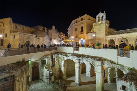 Matera, Italy - November 1, 2023: City of Matera by night, Sassi di Matera, Basilicata region, Italyのeditorial素材
