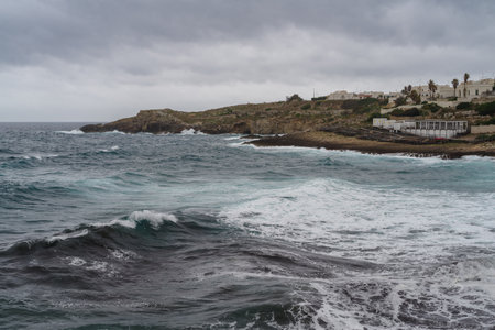 View of the Ionian coast west of Punta Ristola, near Santa Maria di Leuca, Apulia, Italyの写真素材