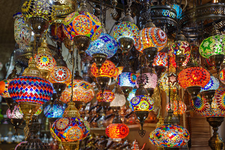 Close-up of decorative Turkish lanterns at the Grand Bazaar in Istanbul, Turkey