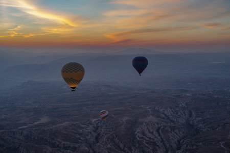 Hot air balloons at sunrise in Goreme, Cappadocia, Turkeyの写真素材