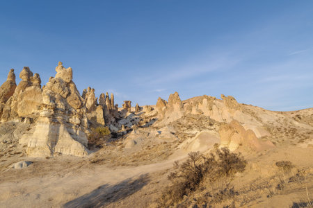Volcanic rock formations eroded by water in the open air museum in Cappadocia, Anatolia, Turkeyの写真素材