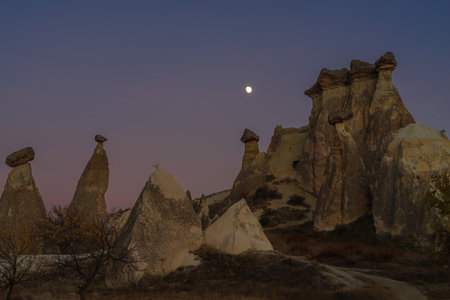 Cappadocia view with the rock shapes and evening sky, Central Anatolia region, Nevsehir Province, Turkeyの写真素材