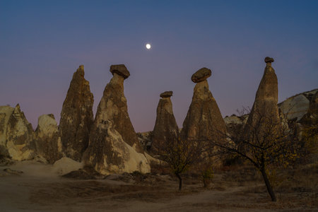 Cappadocia view with the rock shapes and evening sky, Central Anatolia region, Nevsehir Province, Turkeyの写真素材