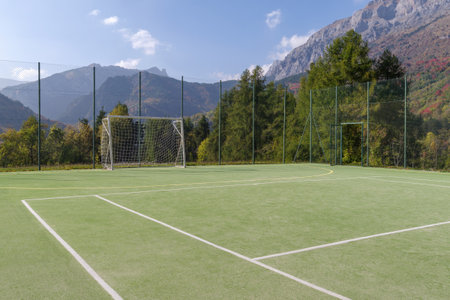 A green field of football backed by forest and mountains, Alps, Italyの写真素材
