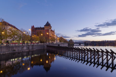 Legion Bridge and other historic buildings along the Vltava River in Pragueの写真素材