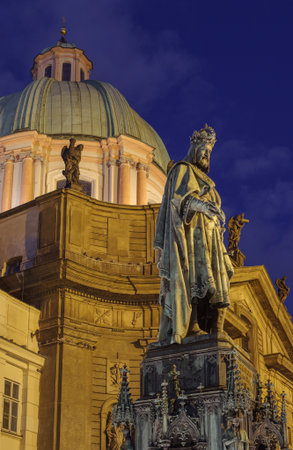 Bronze statue of Charles IV in front of the Church of St. Francis of Assisi at the Old Town in Prague, Czech Republicの写真素材