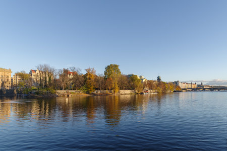 Historic buildings along Vltava River in Nove Mesto district in Prague, Czech Republicの写真素材