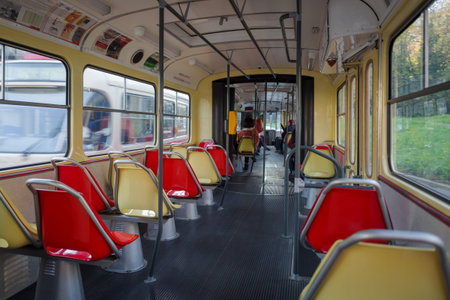 Prague, Czech Republic - 5 November 2025: Inside Prague vintage tram 42, be they from the time of the Austro-Hungarian monarchy, from the 1950s or the 1970s. transporting visitors around Prague. The tram connects the city's sights in a circular route withのeditorial素材