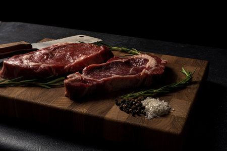 Raw marbled beef steak on a wooden cutting board. Top class marbled beef. Graphite-colored table top.の写真素材