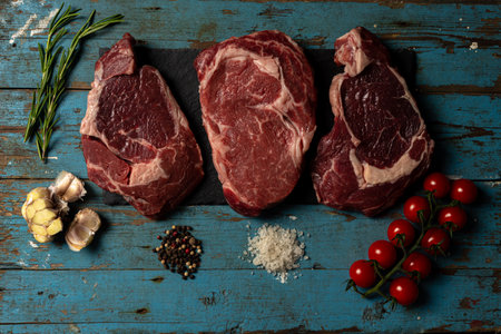 Variety of Raw Black Angus Prime meat steaks Machete, Blade on bone, Striploin, Rib eye, Tenderloin fillet mignon on wooden board copy space. High quality photoの写真素材