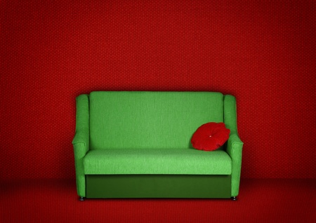 creative red interior with green sofaの写真素材